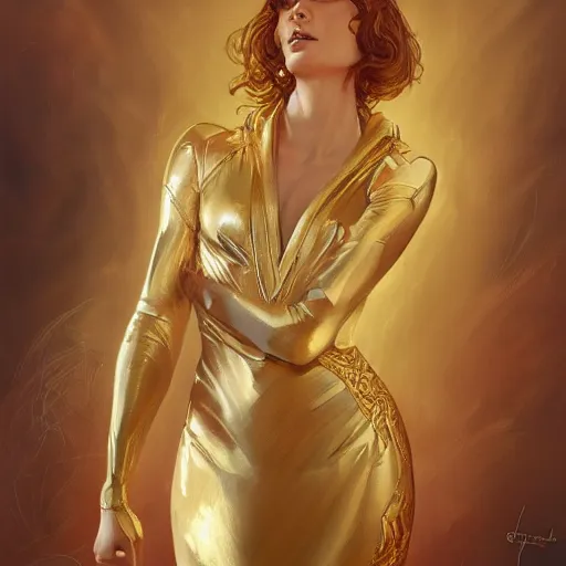 Image similar to Sandman with a gold suit, portrait, intricate, elegant, highly detailed, digital painting, artstation, concept art, smooth, sharp focus, illustration, art by artgerm and greg rutkowski and alphonse mucha