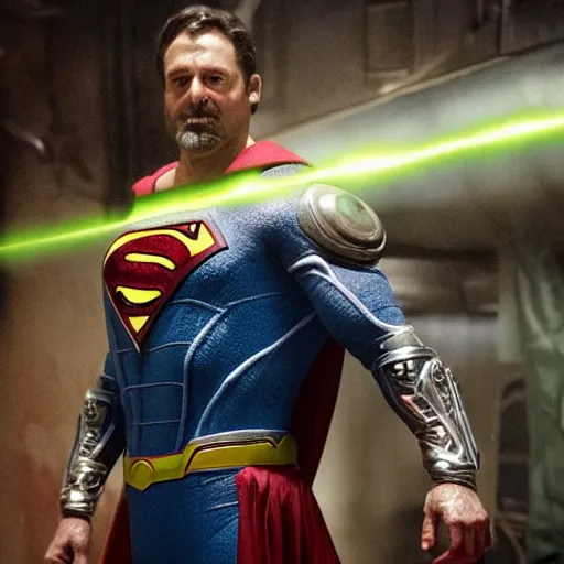 Image similar to pickle rick as superman! in gears of war, splash art, movie still, detailed face, photorealistic facial features, cinematic lighting, dramatic, octane render, long lens, shallow depth of field, bokeh, anamorphic lens flare, 8 k, hyper detailed, 3 5 mm film grain