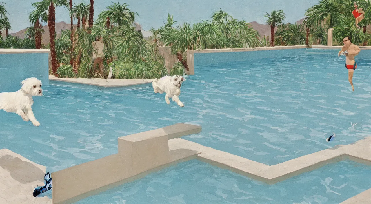 Prompt: medium shot of one cream colored havanese dog jumping from a diving board at a pool at a mid century modern house in palm springs by david hockney