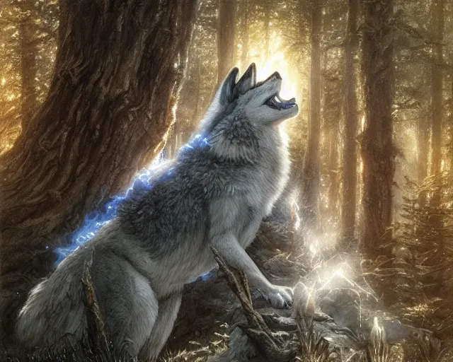 Image similar to 5 5 mm portrait photo of an armored holy angelic wolf with blue eyes and looking at the camera, glowing with holy lights, in a magical forest. magical atmosphere. art by greg rutkowski and luis royo. highly detailed 8 k. intricate. lifelike. soft light. nikon d 8 5 0.