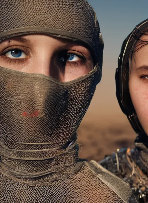 Image similar to cinestill 5 0 d photographic portrait by helen levitt of two loving female androids wearing rugged black mesh techwear on a desolate plain, extreme closeup, modern cyberpunk, dust storm, 8 k, hd, high resolution, 3 5 mm, f / 3 2, ultra realistic faces, ex machina