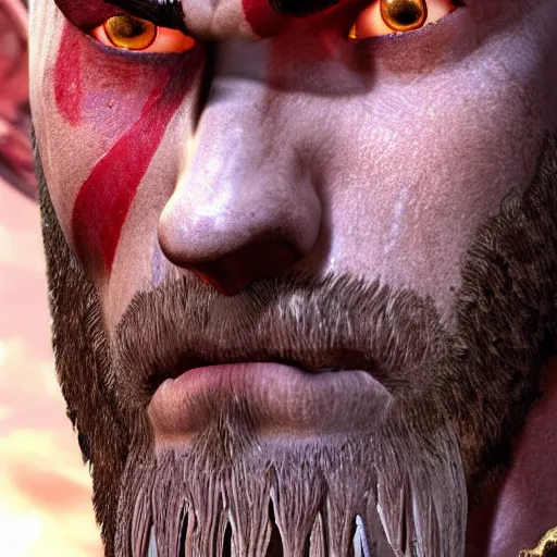 Image similar to close up side view of kratos from god of war staring at a hamburger