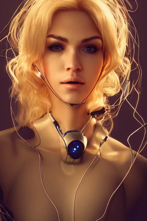 Image similar to a beautiful woman with blonde hair wearing robot suit with wires and light, highly detailed, photorealistic, artstation, smooth