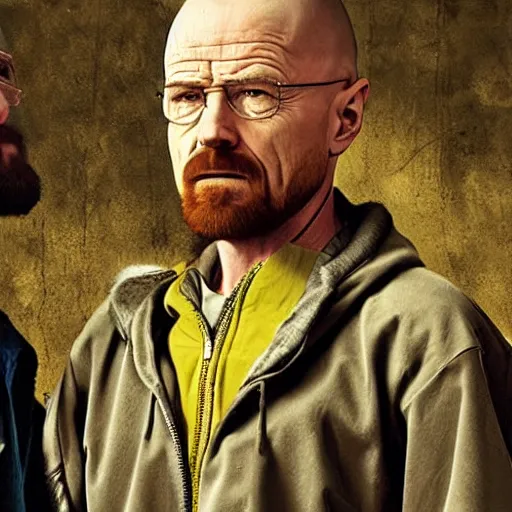 Image similar to walter white and jesse pinkman, renaissance painting, highly detailed