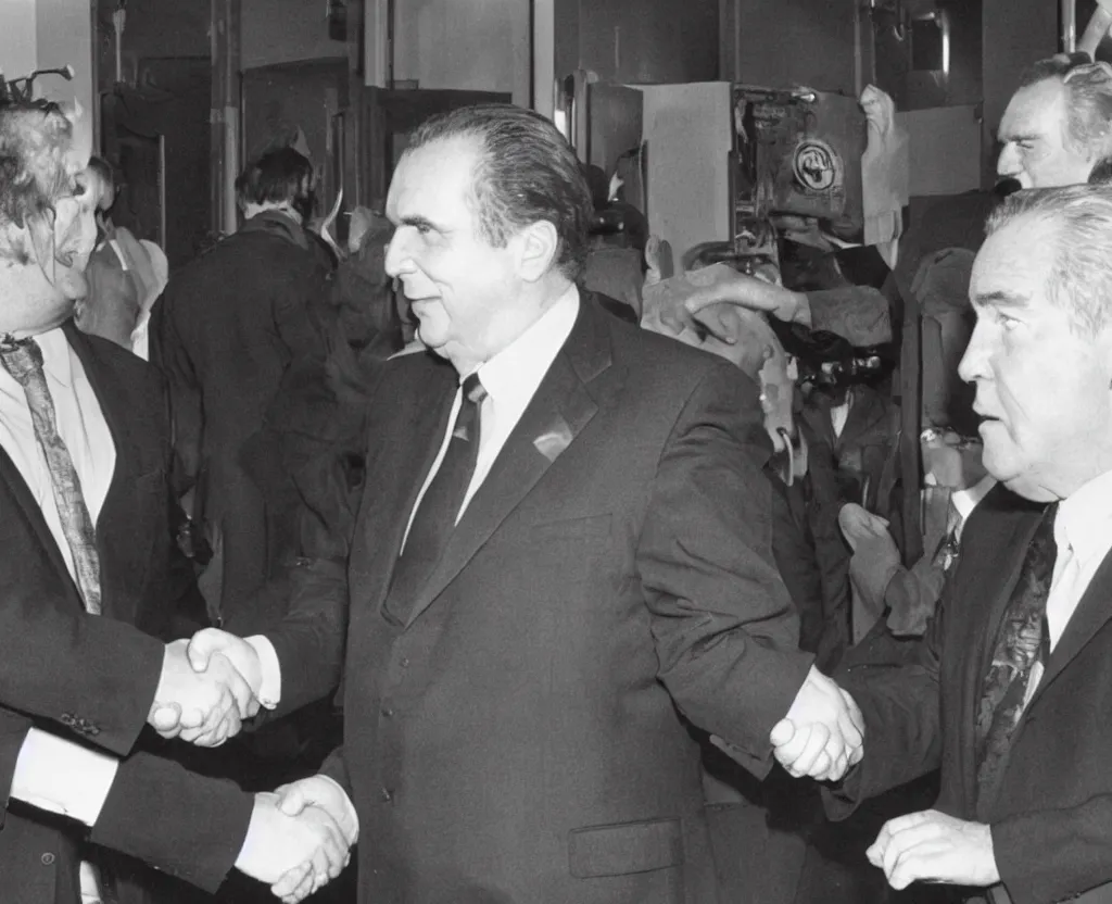 Image similar to Eric Cartman shaking hands with Richard Nixon, close-up photograph