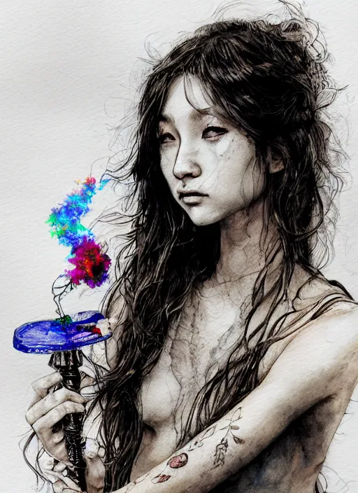 Image similar to portrait, beautiful Stoner hippy girl, sitting down, smoking a magical bong, watercolor, dramatic lighting, cinematic, establishing shot, extremely high detail, foto realistic, cinematic lighting, pen and ink, intricate line drawings, by Yoshitaka Amano, Ruan Jia, Kentaro Miura, Artgerm, post processed, concept art, artstation, matte painting, style by eddie mendoza, raphael lacoste, alex ross