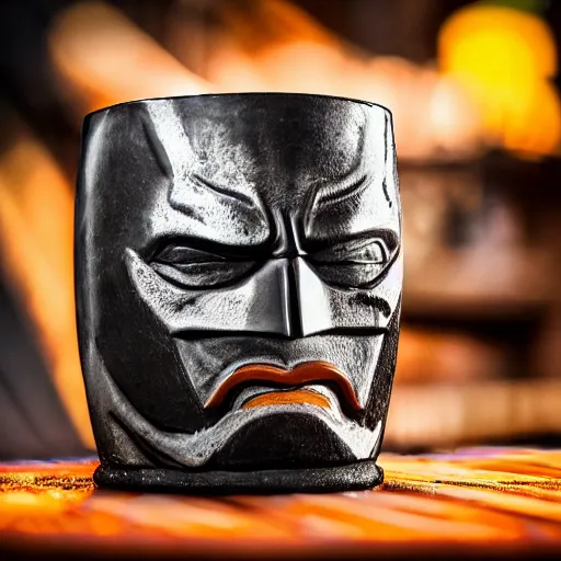 Image similar to a closeup photorealistic photograph of a batman style tiki mug sitting at a trader vic's beach bar featuring batman's face. tiki theme. tiki party. bright scene. fine detail. this 4 k hd image is trending on artstation, featured on behance, well - rendered, extra crisp, features intricate detail, epic composition and the style of unreal engine.