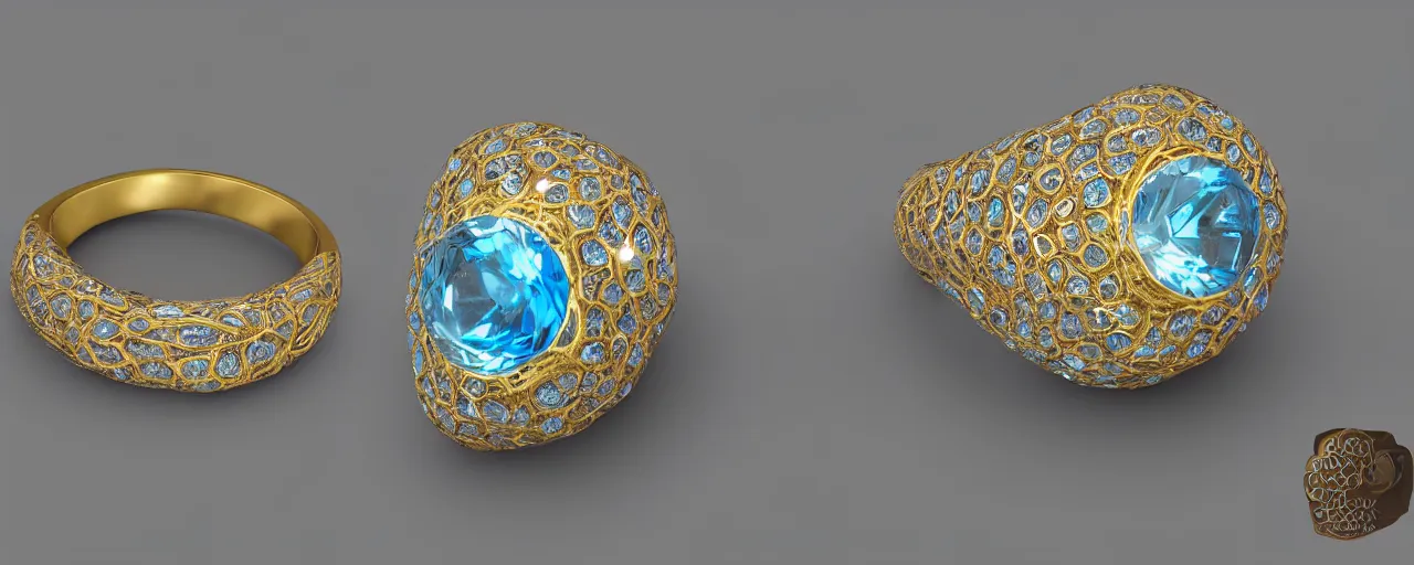 Image similar to simple golden magic crystal ring, radiant cut, ice, blue, gold, smooth shank, crystal, engravings, diamonds, product design, jewelry, colorful, art by gerald brom, greg rutkowski and artgerm, photo realism, unreal engine, c 4 d