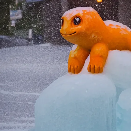 Image similar to ice sculpture of charmander, photography