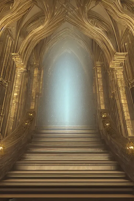 Image similar to a crystal and opal staircase in the cathedral of light, light sweep, glowing, stencil volume shadows, lighting rendered in unreal engine 5 and cinema 4 k