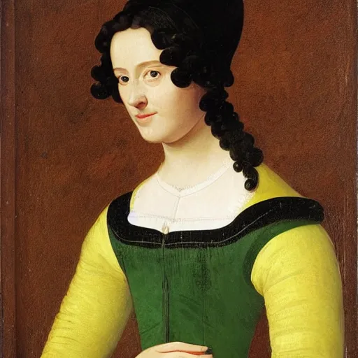 Prompt: young woman from the year 1 5 0 0, seated in front of a landscape background, her black hair is fine curly, she wears a dark green dress pleated in the front with yellow sleeves, puts her right hand on her left hand and smiles slightly, oil painting