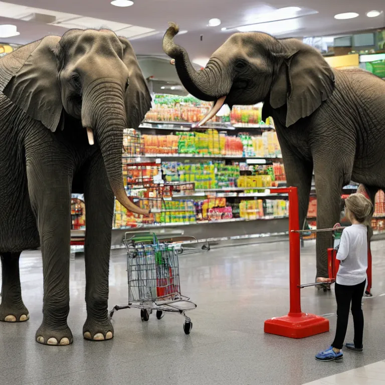 Image similar to An elephant patiently waiting in line at the supermarket