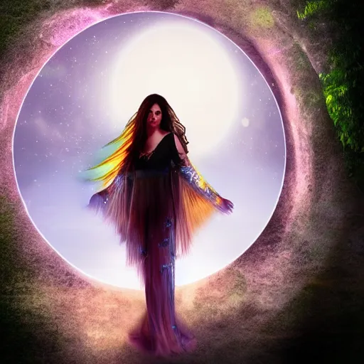 Image similar to mystical Druid woman under a full moon, nature, ambient lighting, art station, beautiful,