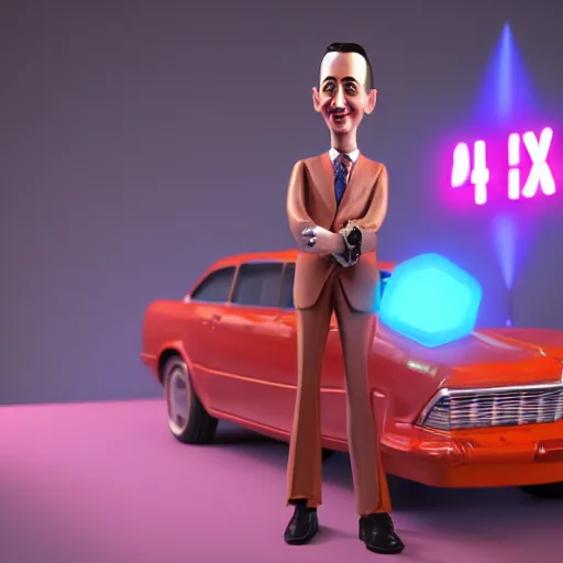 Image similar to a 3 d render of peewee herman on max headroom, octane render, unreal engine, hyperrealism, 8 k, trending on artstation, ultra detailed, volumetric lighting, dramatic lighting, lasers, neon