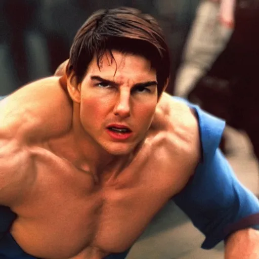 Prompt: Still of Tom Cruise as Ryu in Street Fighter, fighting position