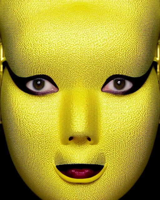 Prompt: symmetrical close - up portrait of a woman wearing a yellow silicone beauty mask and hair rolls, wearing a black bodysuit by alexander mcqueen, cream white background, biotechnology, humanoide robot, bjork aesthetic, translucent, by rineke dijkstra, masterpiece,