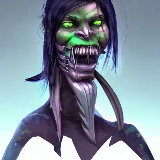 Image similar to concept art of a cyberpunk orc hacker girl with green skin and tusks. Trending on artstation