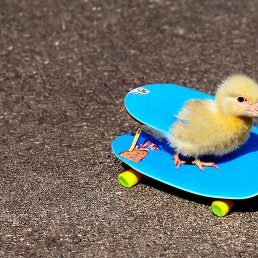 Image similar to a baby chick riding a skateboard