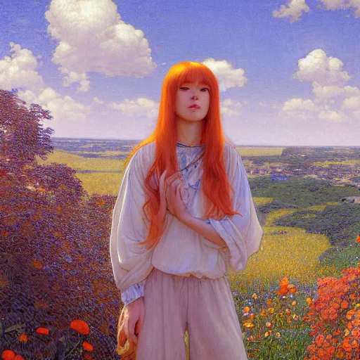 Prompt: A young woman with orange long hair and bangs in shorts and white shirt drawn by Donato Giancola and Makoto Shinkai, Edmund Leighton, Alphonse Mucha, background by James Jean and Gustav Klimt, 4k, porcelain skin, volumetric lighting, french nouveau, trending on artstation, octane render, hyperrealistic