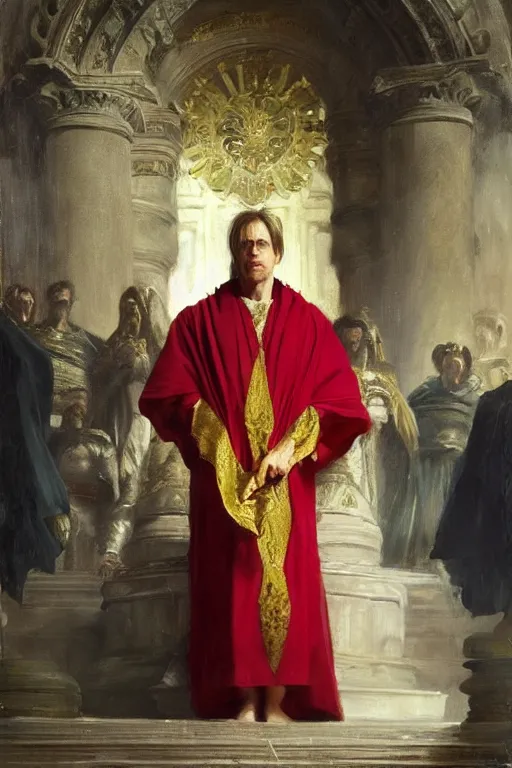 Image similar to beautiful oil painting, steve buscemi in royal crimson robes enthroned as the god emperor of ancient rome a golden wreath upon his head, by anders zorn, wonderful masterpiece by greg rutkowski, beautiful cinematic light, american romanticism, by thomas lawrence, greg rutkowski