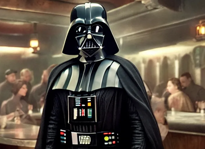 Image similar to film still of Darth Vader goes to a bar in the new Star Wars movie, 4k