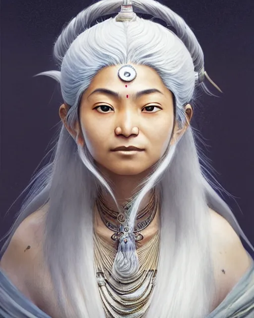 Image similar to himalayan woman, mage, with silver hair, detailed perfect face, exquisite details, fire magic, mid view, design on a white background, by studio muti, greg rutkowski makoto shinkai takashi takeuchi studio ghibli