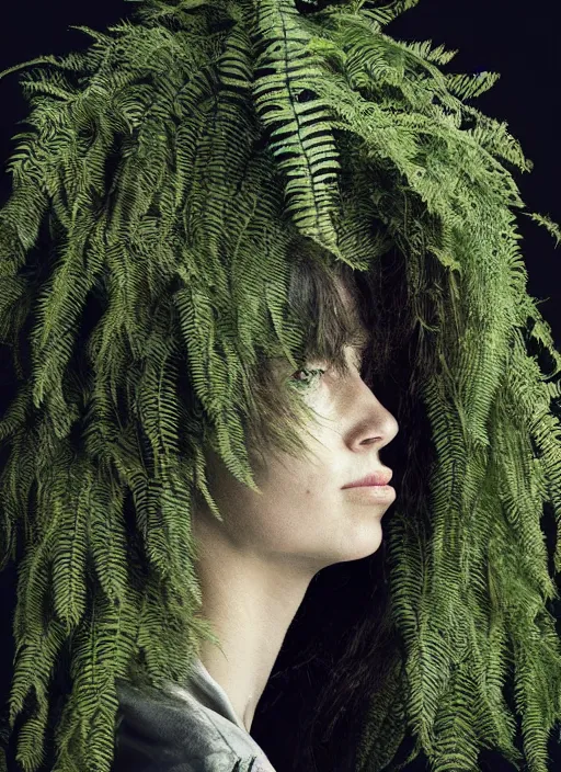 Prompt: a woman's face in profile, long hair made of ferns, in the style of the Dutch masters and Gregory Crewdson, dark and moody