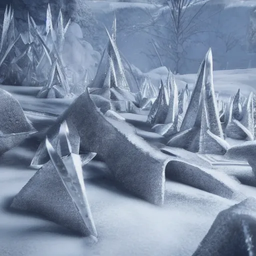 Image similar to ice spikes are summoned from the ground by magic, impalement knights by ice spikes, octane render, unreal engine