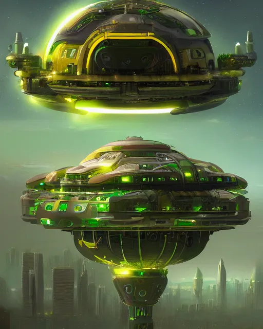 Prompt: Solarpunk space ship, futuristic utopia, scifi, green plants, golden engines, above city, fine details, atmosphere, glow, extreme realistic, trending on artstation