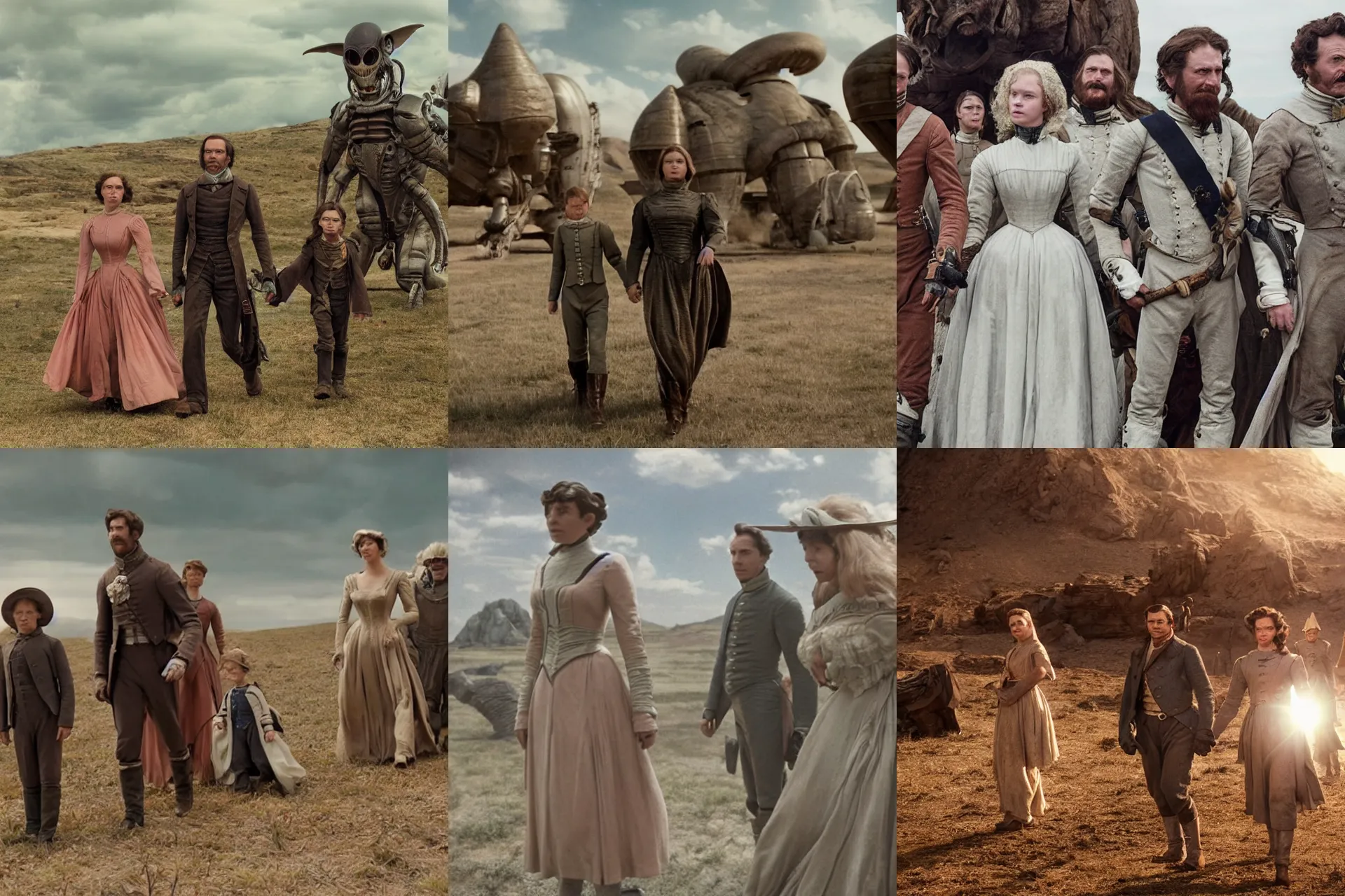 Prompt: 70mm still from a sci fi blockbuster movie made in 2022, set in 1860, of a family leaving a spaceship, that has just landed on an alien planet, wearing 1850s era clothes, good lighting, 4k, HD, in focus, clear faces