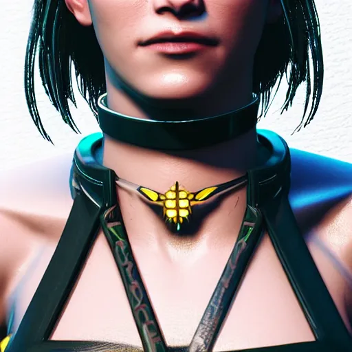 Prompt: female V from Cyberpunk 2077 wearing spiked steel choker, steel collar, steel choker, punk, steel collar, 4K, realistic, spiked collar, portrait, art, beautiful,