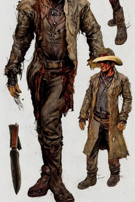 Prompt: character design, reference sheet, 40's adventurer, stained dirty clothing, straw hat, heavy boots, leather bomber jacket, realistic, hyperdetailed, concept art, , art by Frank Frazetta