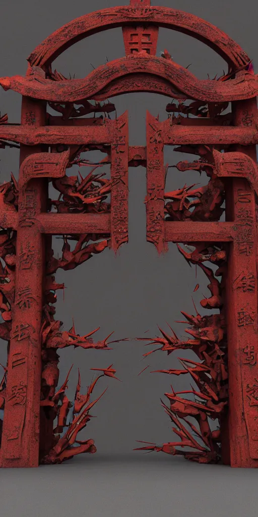 Prompt: 3 d render of a carved rusty torii gate sculpture, chrometype, made of liquid metal, neotribal with thorns and thunders, cyberpunk deconstructed japanese temple, raytraced, volumetric lightning, 8 k, by zhelong xu, ouchh and and innate studio