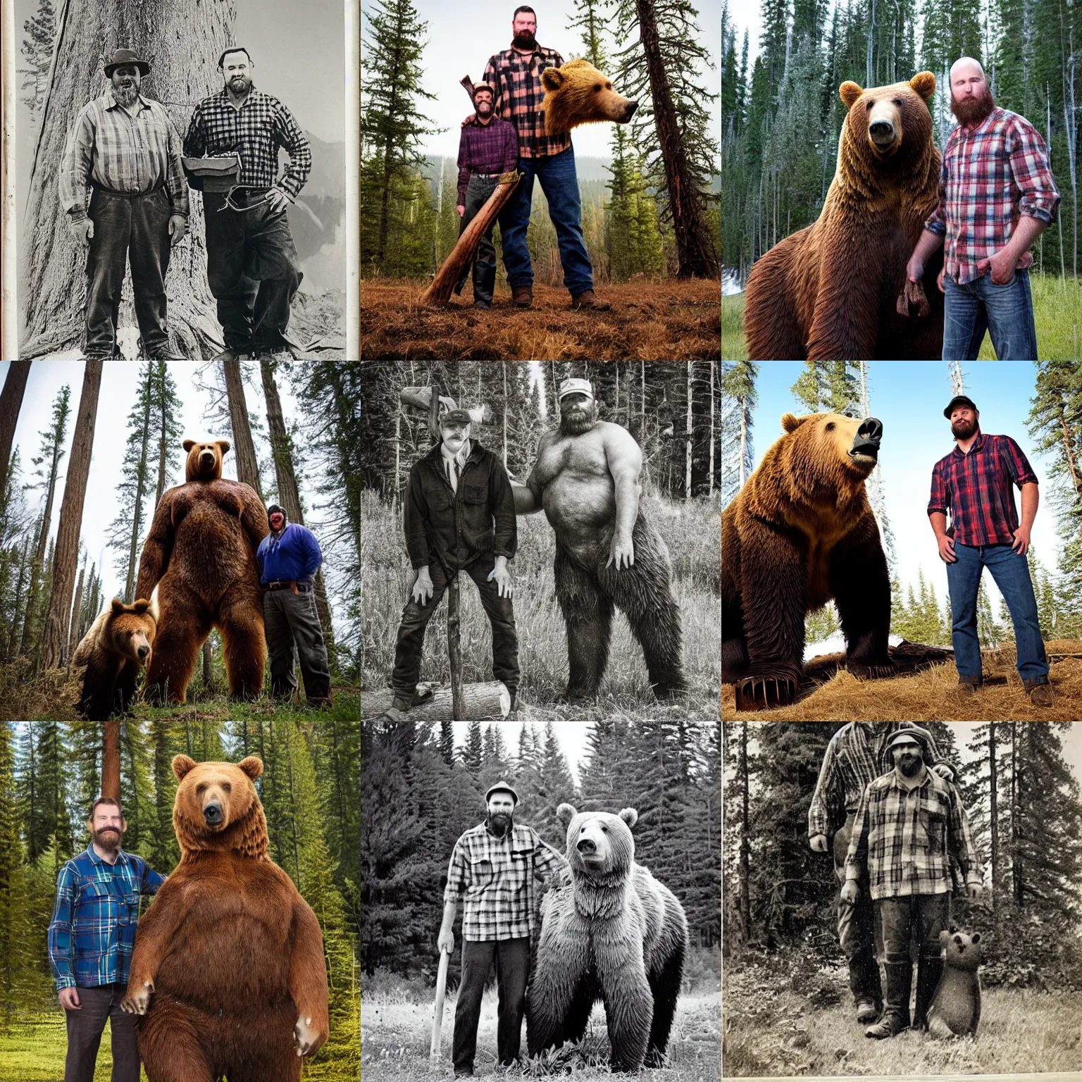 Prompt: portrait photo of a lumberjack man and his 2 0 feet tall giant grizzly bear
