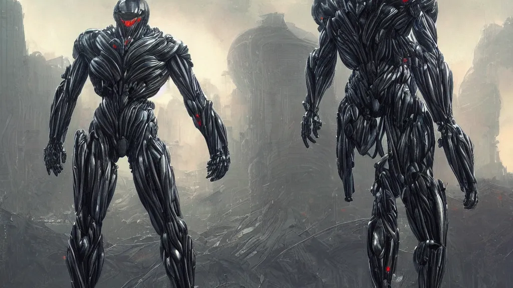 Prompt: crysis nanosuit with powerful biological muscle augmentation, megastructures, remnants of the human civilization at dusk, painted by tsutomu nihei, painted by artgerm and greg rutkowski