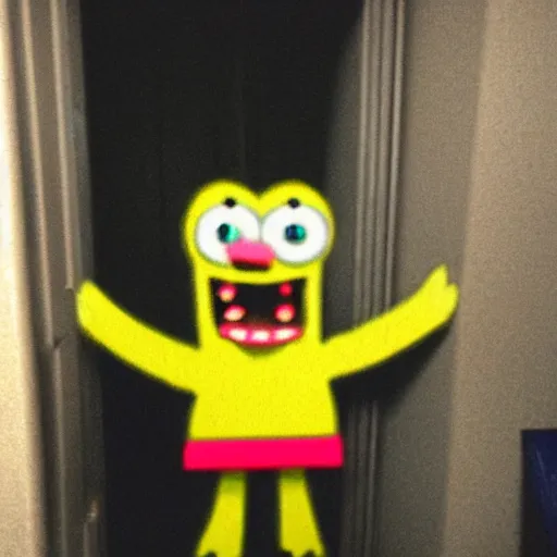 Prompt: grainy photo of a spongebob squarepants as a creepy monster in a closet, harsh flash