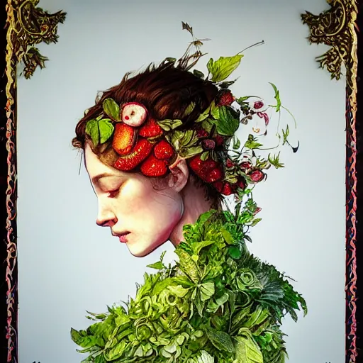 Image similar to the portrait of an absurdly beautiful, graceful, elegant, chaste, young woman made of strawberries and green petals, an ultrafine detailed illustration by kim jung gi, irakli nadar, intricate linework, bright colors, octopath traveler, final fantasy, angular, unreal engine 5 highly rendered, global illumination, radiant light, detailed and intricate environment