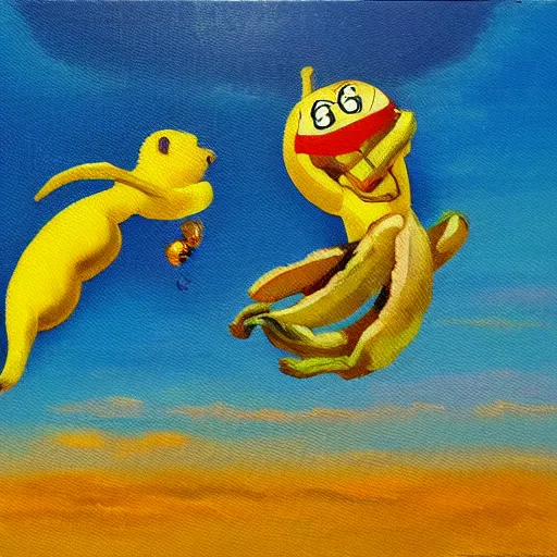 Prompt: oil painting impressionist stopwatch and banana flying through the air, flies, whimsical, detailed,