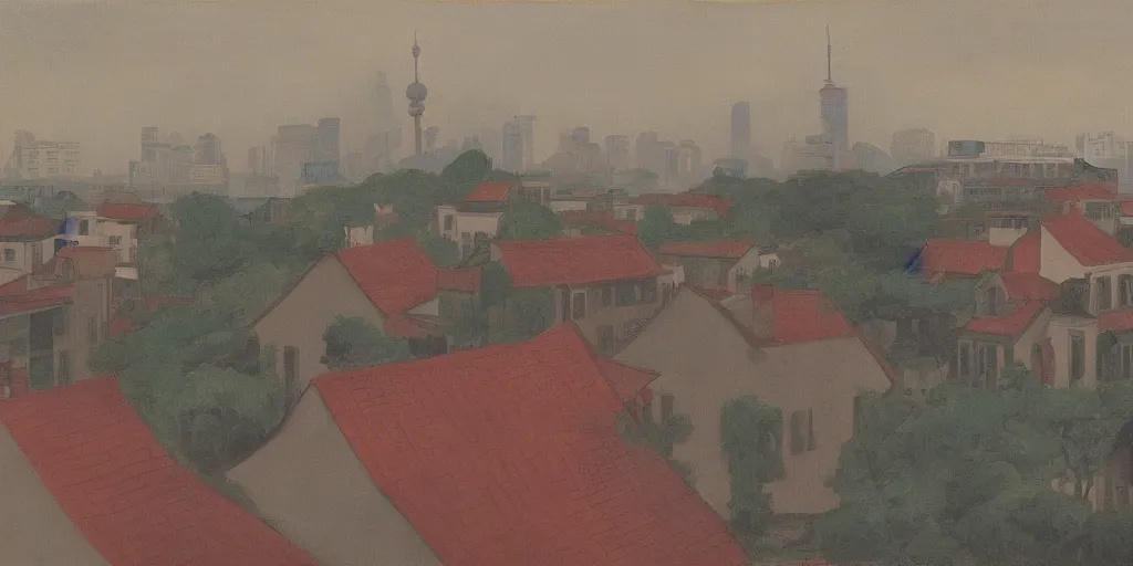 Image similar to In the foreground is a small red house, and in the background is the smoky Oriental Pearl City of Shanghai, George Ault painting style.