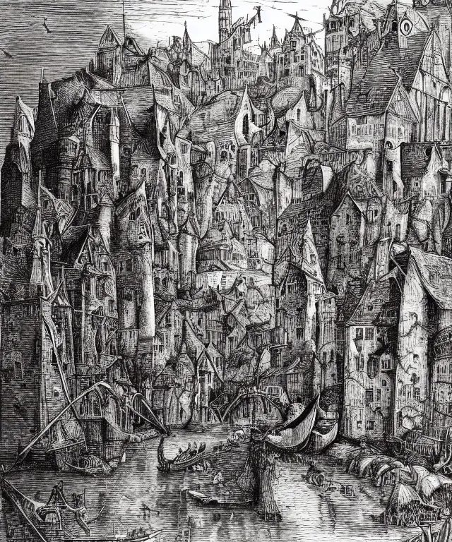 Prompt: a colour illustration of a canal in the city of mordheim by ian miller, gustave dore, john blanche, albrecht durer, gustave dore, highly detailed, storybook illustration, surrealism, inspired by hieronymus bosch, ink on paper