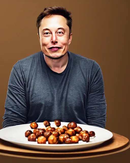 Image similar to a portrait of elon musk sitting at the dining table with a plate containing gulab jamun in front of him, highly detailed, trending on artstation, bokeh, 9 0 mm, f / 1. 4