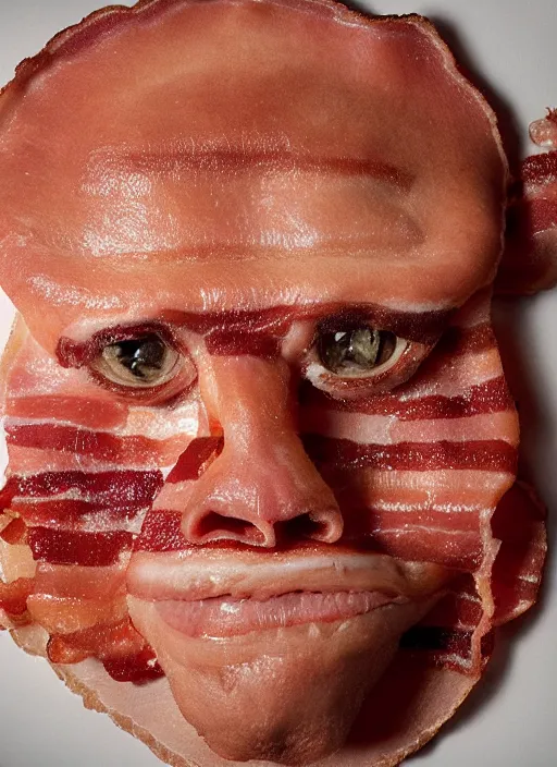 Image similar to bacon in the shape of a human face, human face made out of bacon, kevin bacon made out of bacon, professional food photography, unreal engine