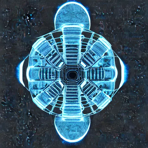 Image similar to a menacing alien mothership, glowing accents, blueprint