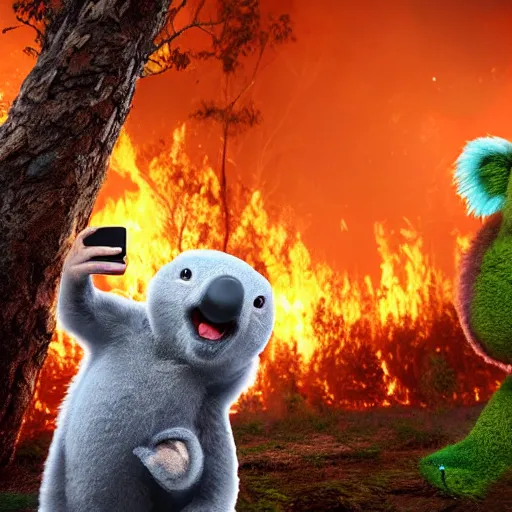 Image similar to Prime Minister Scott Morrison selfie by a forest fire, not holding a hose, smoke, koala bear in tree, cinematic, hyper realism, high detail, vivid colors, octane render, unreal engine, 8k