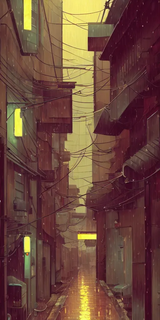 Prompt: tokyo alleyway, rainy day, lights, by cory loftis, makoto shinkai, hasui kawase, james gilleard, beautiful, serene, peaceful, lonely, golden curve composition