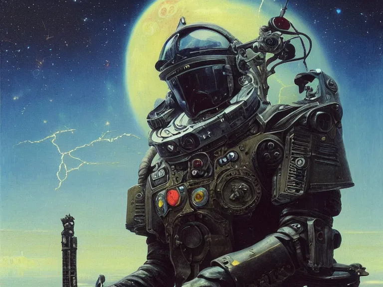 Prompt: a detailed profile oil painting of a lone bounty hunter in space armour and visor, cinematic sci-fi poster. technology flight suit, bounty hunter portrait symmetrical and science fiction theme with lightning, aurora lighting clouds and stars by beksinski carl spitzweg and tuomas korpi. baroque elements. baroque element. intricate artwork by caravaggio. Trending on artstation. 8k
