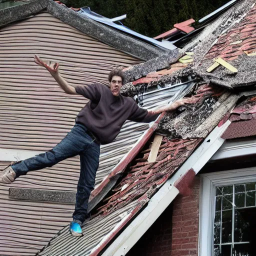 Image similar to photo of 40 year old tall skinny man with curly brown hair destroying a roof