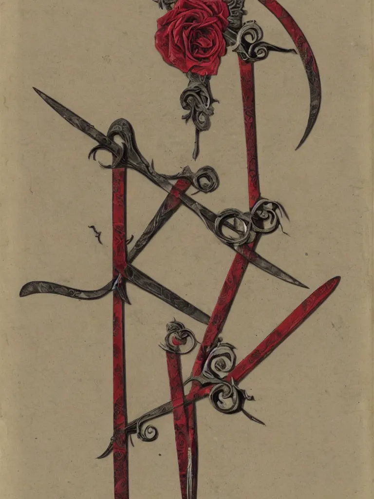 Image similar to Two-headed blade rose colored scythe, the 2 blades faced each other oppositely with each blade attached to the top and the bottom