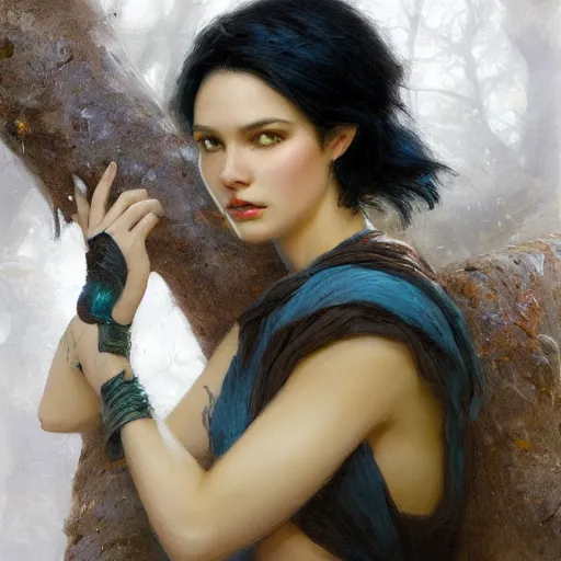 Image similar to portrait of a strong woman resting on a large tree, short black hair, thoughtful experssion, minimal dark blue clothing, sharp focus, ultra realistic digital painting, colorful, backlit, high fantasy, intricate, highly detailed, smooth, elegant, gaston bussiere, bayard wu, greg rutkowski