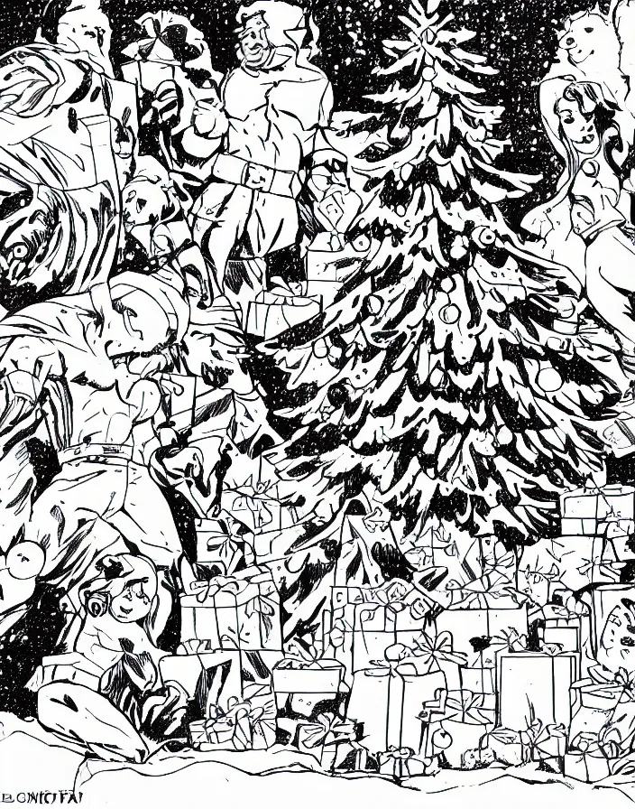 Image similar to comic book line art of a christmas tree